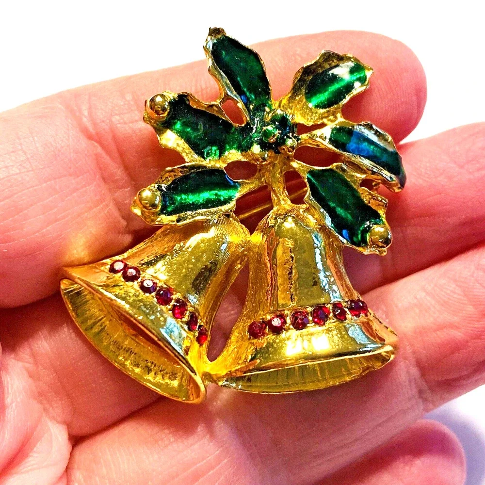 Vintage Christmas Brooch Goldtone Bells Motif Festive Holiday Pin Green Holly